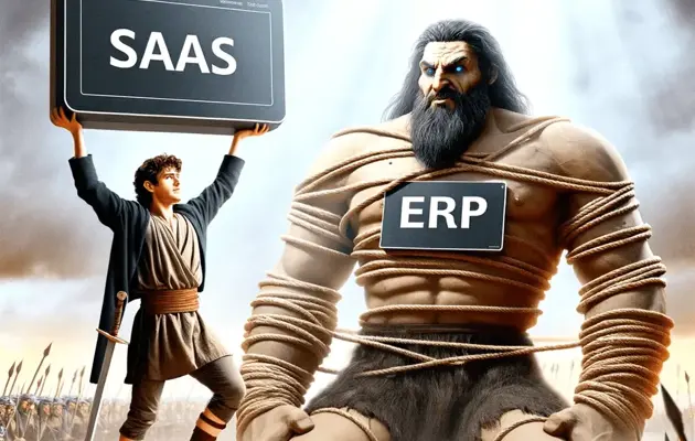 Devid pictured as 'saas' defeating goliath pictured as 'ERP'