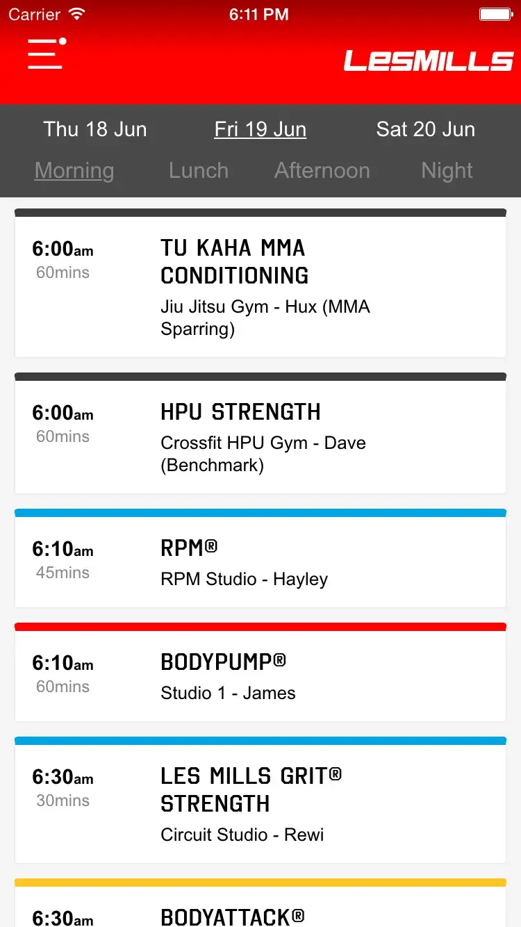 Les Mills App - Workout schedule screen
