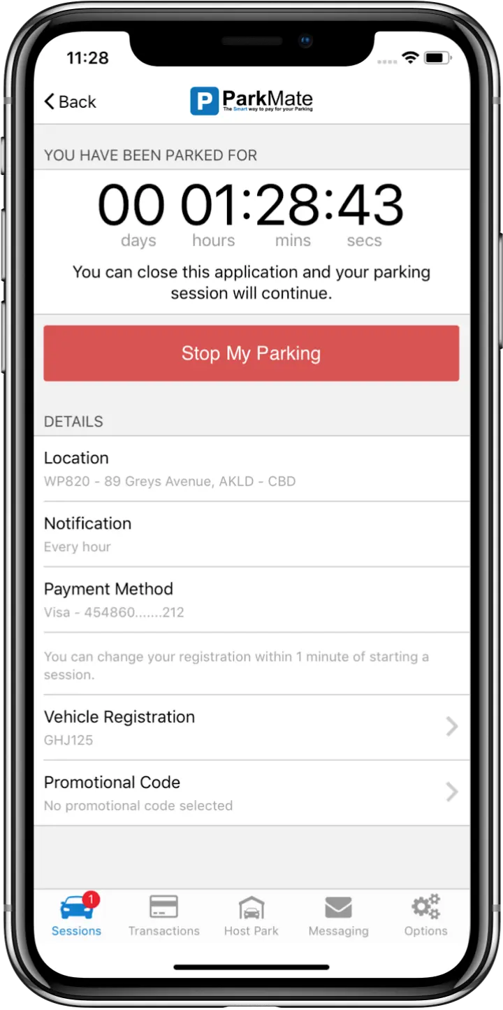 ParkMate App - Selected parking screen