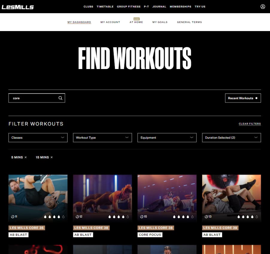 Screenshot of Les Mills website "find workout" page