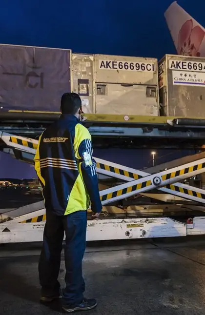 Mainfreight employee watching a load onto an airplane