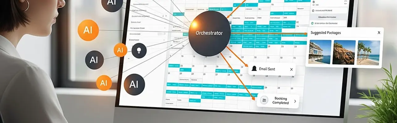 woman on computer with ai orchestrator graphics coming out