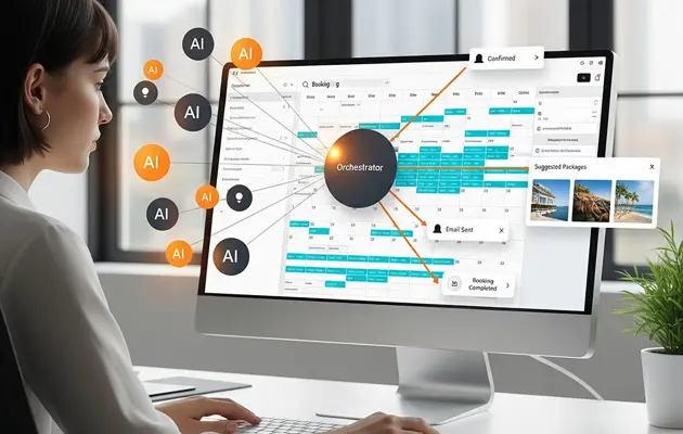 woman on computer with ai orchestrator graphics coming out