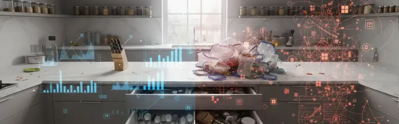 A split-screen visual metaphor comparing a clean, organised modern kitchen with a cluttered, messy one, overlaid with holographic Power BI data charts.