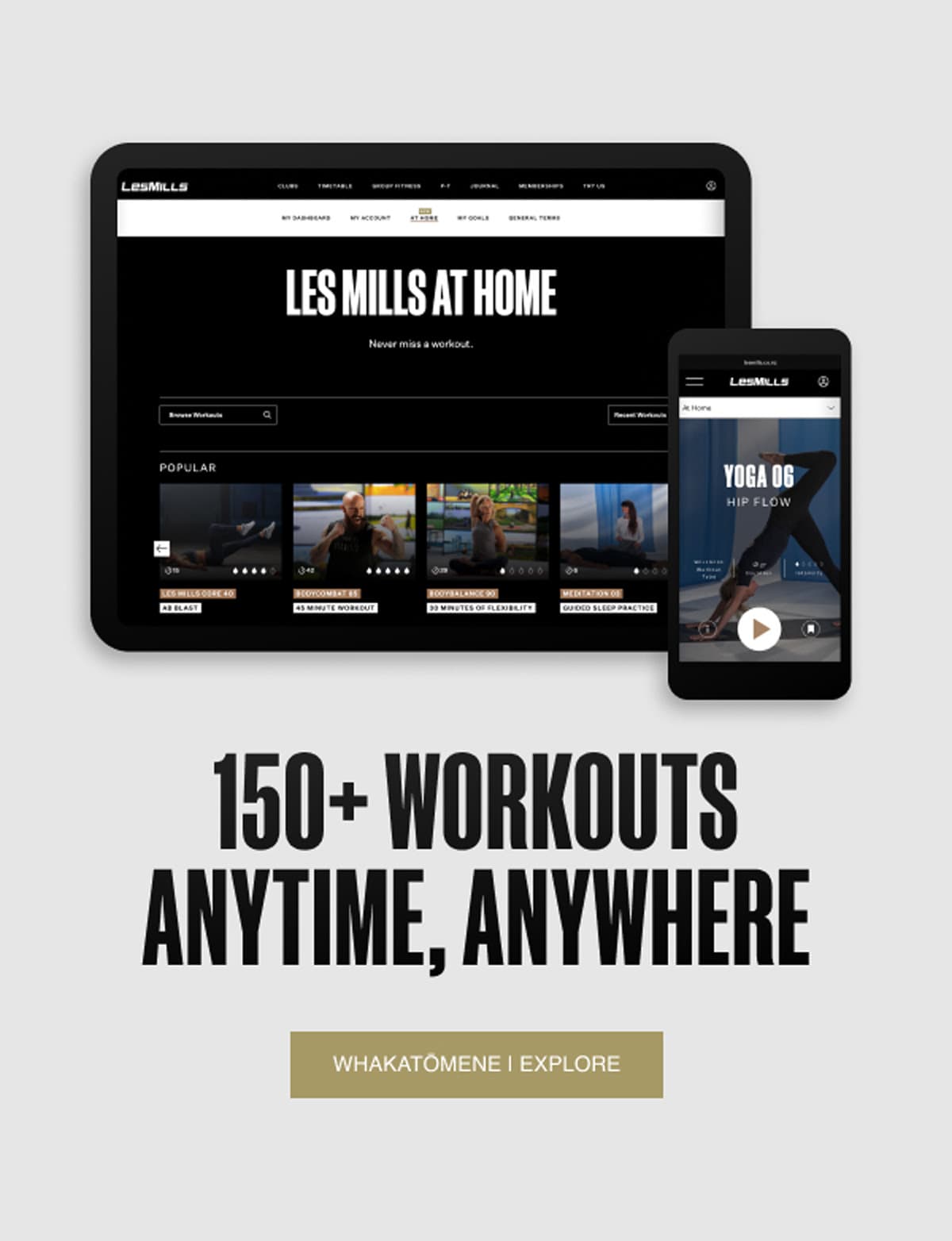 Screenshot of Les Mills website on tablet on mobile devices