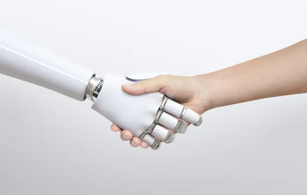 AI Hand reaching out to human hand loading=