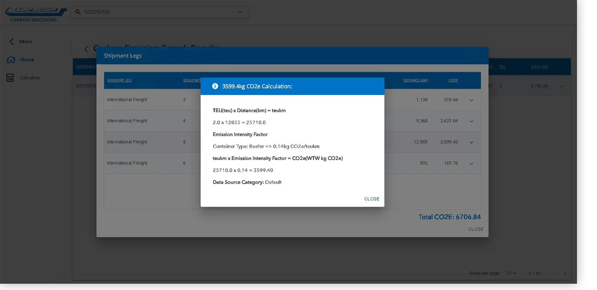 Mainfreight screenshot of calculation