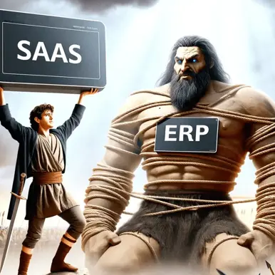 Devid pictured as 'saas' defeating goliath pictured as 'ERP'