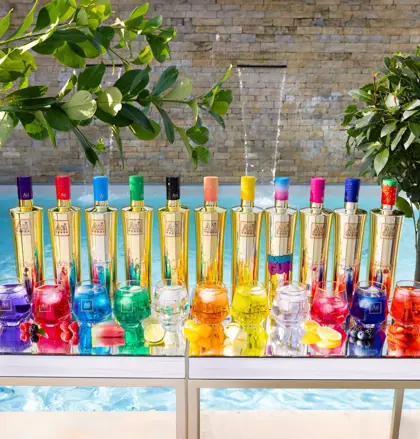 vodka bottles with pool in background