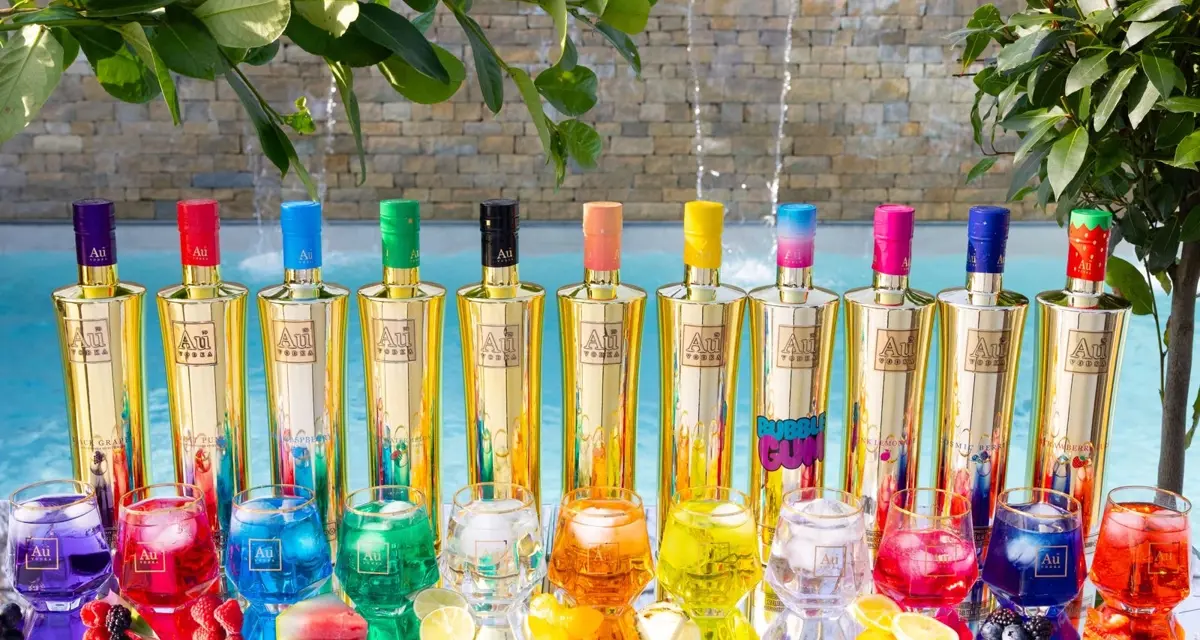 vodka bottles with pool in background