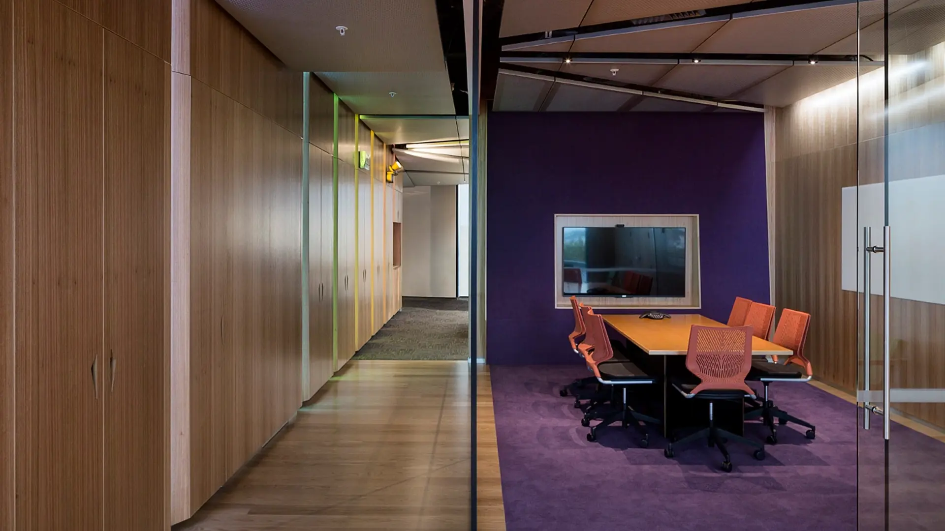 empty meeting room with purple carpet