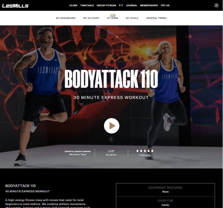 Screenshot of Les Mills website